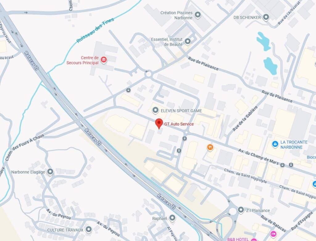 Plan d'accès GT Auto Service à Narbonne Z.I. Plaisance Plan d'accès GT Auto Service à Narbonne, situé Z.I. Plaisance entre Rue de Plaisance et Avenue du Champ de Mars.